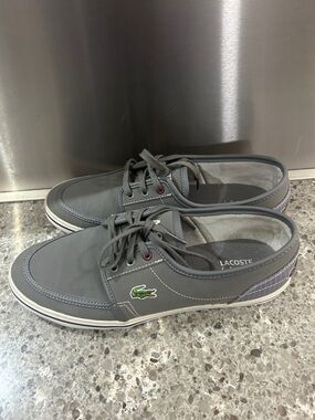 Lacoste Men's Gray Canvas Boat Shoes with Green Crocodile Logo